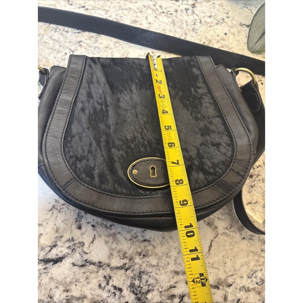 BTG FOSSIL REISSUE Black Leather Flap Calf Hair Crossbody Purse Saddle Bag READ - Picture 9 of 16